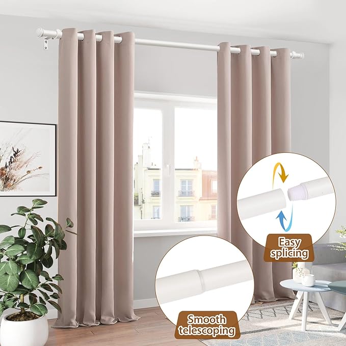 TONIAL Curtain Rod 32 to 115 Inch, Telescoping Splicing 3/4 Drapery Rods for Windows Decorative Single Rod with Small Cap End, Warm White