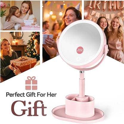Shinowa Makeup Mirror with Lights, 1X/20X Lighted Magnifying Mirror with Storage for Makeup & Jewelry, 2-Sided Height Adjustable Vanity Mirror with 3 Color Lights, 360° Rotation & Rechargeable, Pink