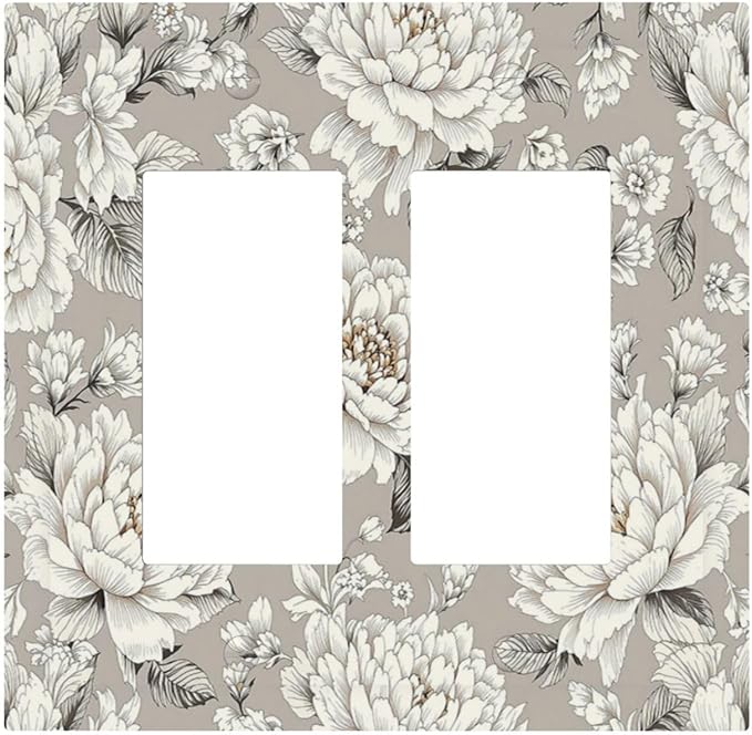 White Poppies Floral Modern Grey Peonies Flowers Decorative Outlet Covers 2 Gang Double GFCI Rocker Light Switch Cover Plate Electrical Wall Panels for Bedroom Bathroom Decor