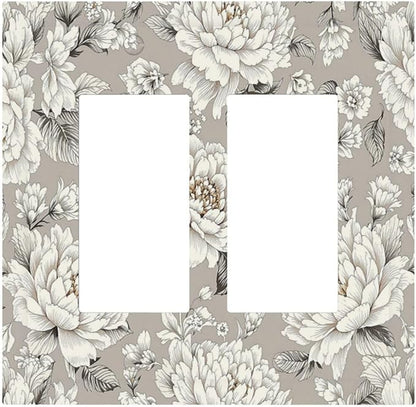 White Poppies Floral Modern Grey Peonies Flowers Decorative Outlet Covers 2 Gang Double GFCI Rocker Light Switch Cover Plate Electrical Wall Panels for Bedroom Bathroom Decor