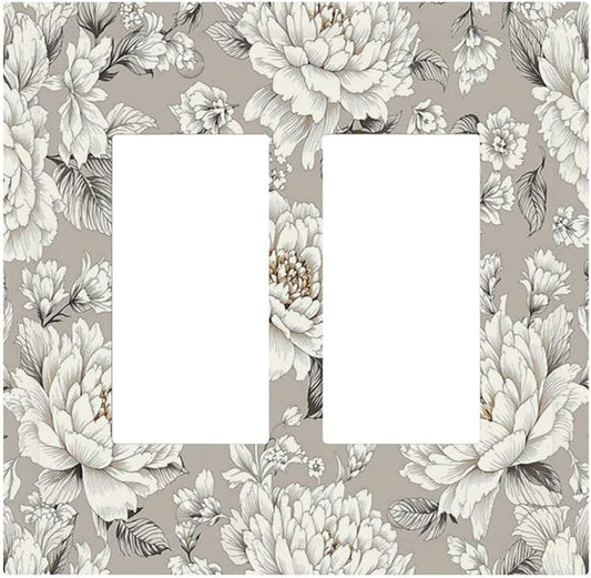 White Poppies Floral Modern Grey Peonies Flowers Decorative Outlet Covers 2 Gang Double GFCI Rocker Light Switch Cover Plate Electrical Wall Panels for Bedroom Bathroom Decor