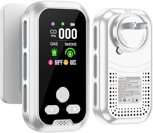 5in1 Plug in Smoke & Carbon Monoxide Detector & Combustible Natural Gas Combination Builti-in Battery HD Screen [Smoke Gas CO Temp Humidity Sensor] for Home Hotel Travel (1 Pack, White)