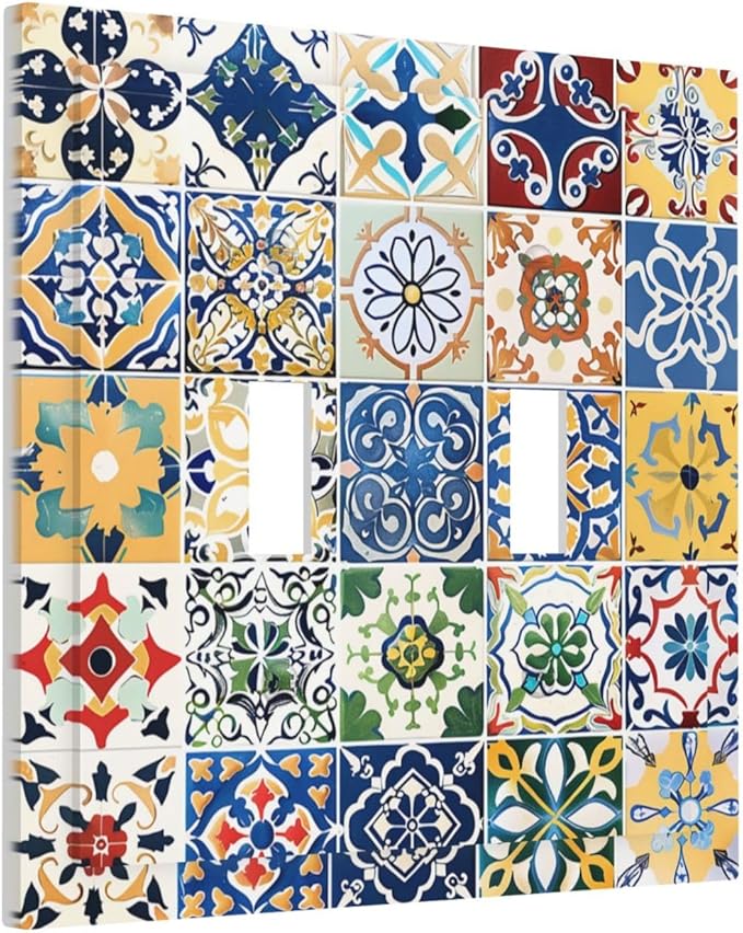 Decorative Switch Plates Moroccan Traditional Mexican Talavera Til 2 Gang Double Toggle Outlet Light Switch Cover Wall Plate Electrical Faceplate for Kitchen Home Decor