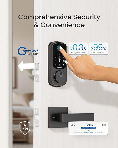 DESLOC B200 Fingerprint Smart Lock with 2 Lever Handles, Keyless Entry Front Door Lock Set, Electronic Keypad Deadbolt, App Control, Auto Lock, Long Battery Life, Secure Home Access