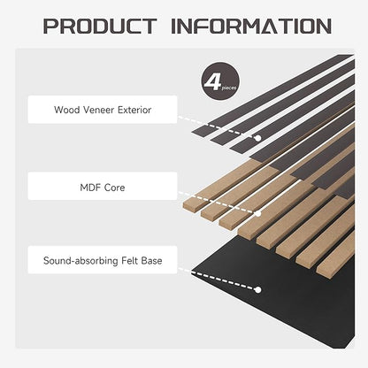 Stylish Decorative Wall Panels, 4 Pack 8 x 1 ft, Modern Acoustic Wood Panels with Felt Backing, Black-Brown Oak