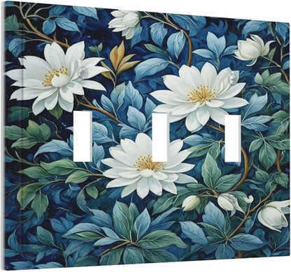 White Flowers Green Leaves Light Switch Covers 3 Gang Triple Toggle Wall Plate Decorative Switchplate Electrical Faceplate for Farmhouse Living Decor