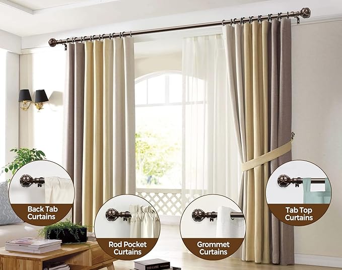 KAMANINA Curtain Rods for Windows 48 to 84 Inch, Antique Bronze Heavy Duty Curtain Rod Adjustable, 7/8 Inch Single Decorative Drapery Rod 32 to 86 Inch(2.6-7.1Ft), Netted Texture End
