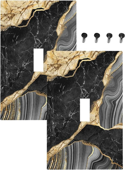 Decorative Light Switch Plate Covers Modern Abstract Black Gold Marble 1 Gang Light Switch Cover Plate Single Toggle Wall Plate Outlet Covers Faceplate for Bathroom Decor （2 Pack）