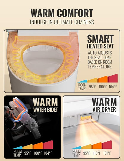 Smart Toilet with Bidet Built in, Luxury One Piece Elongated Bidet Toilet, Auto Open/Close/Flush, Foot Sensor Operation, Built-in Tank & Booster Pump, Heated Seat, Massage Wash, Night Light