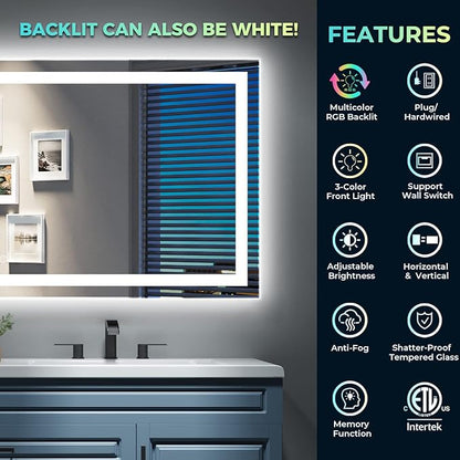 24x32 Inch RGB LED Bathroom Mirror Front Light and RGB Backlit Lighted Vanity Mirror for Bathroom Wall Mounted Dimmable Anti Fog Memory Shatter-Proof IP54 Waterproof Horizontal/Vertical