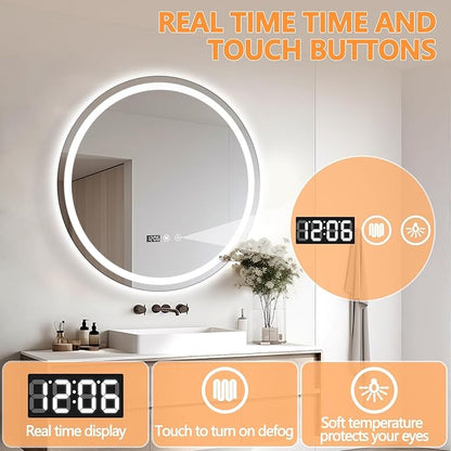 24" Round LED Bathroom Mirror with Anti-Fog & Touch Switch - 60x60cm Wall-Mounted Makeup Vanity Mirror, No Drilling Required, Smart Display Bathroom Mirror