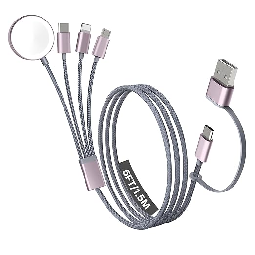 Travel Essentials, 4 in 2 Multi Charging Cable for Apple Watch Charger/iPhone Charger,USB C Cable Cord for iPhone 17-11/iWatch Ultra/10-2/Galaxy S25-S20, Android Phones, Kindle, MP3-Grey,5FT