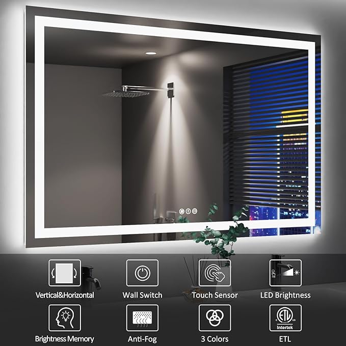 Amorho 50"X32" LED Bathroom Mirror, Front and Backlight Stepless Dimmable, Wall Mirrors with Defogger, Shatter-Proof, Memory, 3 Colors Lighting, Double LED Vanity Mirror, ETL Listed.