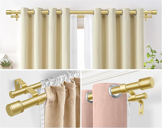 Double Curtain Rod 72 to 144 Inch, HOTOZON 1 Inch Heavy Duty Double Curtain Rods for Windows 60 to 140 Inches(5-11.6 ft), Telescoping Drapery Rod with Simple End Finials, Gold