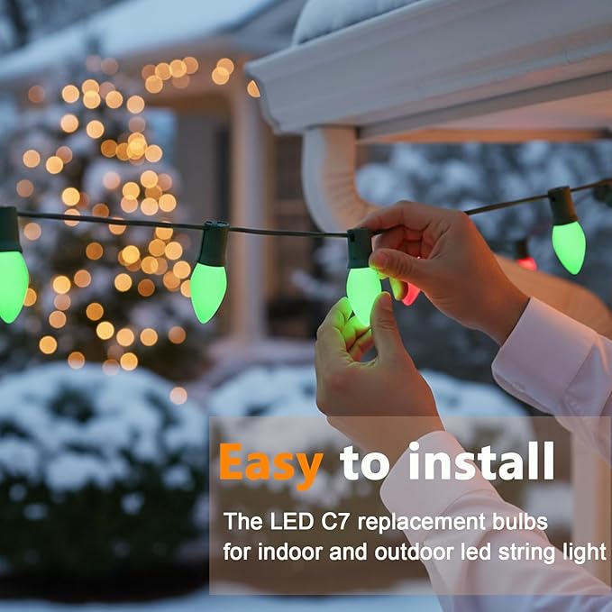 C7 Green LED Light Bulb,25 Pack 0.6w C7 Ceramic Replacement Christmas Lights with E12 Base,Green Outdoor Light Bulb for Chandelier Window Candle Christmas String Lights