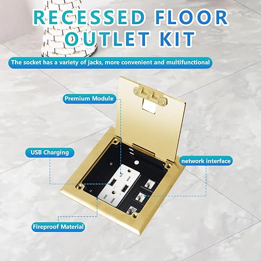 KYHSHJ Recessed Flat Hidden Socket Kit with 2 * 15A Receptacle，4.8A*2 USB-A Ports +3-Port RJ45 Datacom Receptacle. Internal Height Adjustable，Corrosive Resistant Hardware,Brass