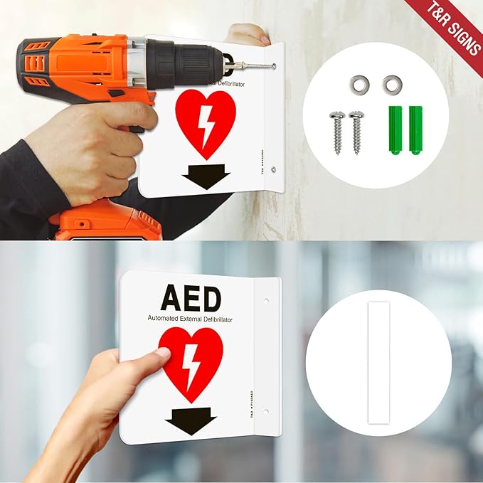 T&R AED Sign, Automated External Defibrillator with Down Arrow - 4 Pack - 6 x 6 Inches Acrylic, 2 pre-drilled holes, Includes Matching Screws, Use for Office/Business
