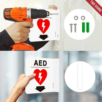 T&R AED Sign, Automated External Defibrillator with Down Arrow - 8 Pack - 6 x 6 Inches Acrylic, 2 pre-drilled holes, Includes Matching Screws, Use for Office/Business