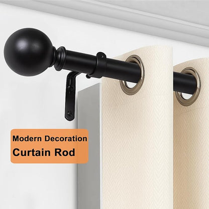 Black Curtain Rods for Windows 18 to 145 inches, 1 Inch Modern Metal Drapery Rods, Adjustable Heavy Duty Curtain Pole with Round Finials(18"-145"Black)