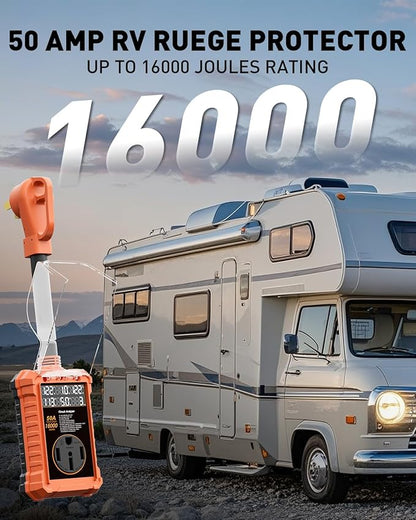 RV Surge Protector 50 Amp with Digital Display & Auto-Shutoff, 16,000J Circuit Analyzer, Real-Time Voltage Current KWH, Waterproof RV Power Surge Protector for Camper, Motorhomes