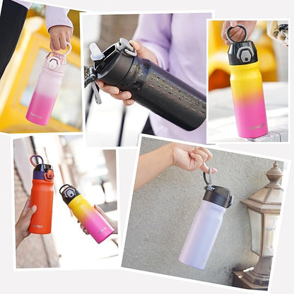 Insulated Water Bottle with Straw and Carry Loop,18 oz Stainless Steel Double Wall Vaccum Metal Water Flask with Leak-proof Lid,Light Purple