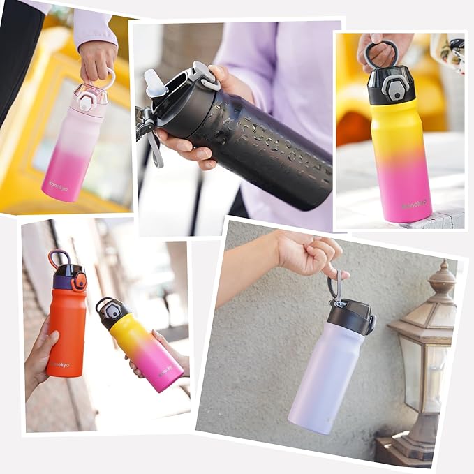 Insulated Water Bottle with Straw and Carry Loop,18 oz Stainless Steel Double Wall Vaccum Metal Water Flask with Leak-proof Lid,Gum