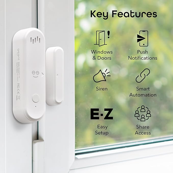 Geeni Smart Door and Window Sensor Alarm 2 Pack WiFi Battery Powered Security Sensor with Siren, Instant Alerts, Alexa & Google Assistant Compatible for Home, Office, Garage