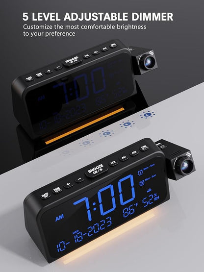 Mesqool Projection Alarm Clock for Bedroom Ceiling, Digital Clock Projector with Weekday/Weekend Mode, Date, Temperature, Humidity, Type-C USB Charger, Snooze, Dual Alarms, Dimmer,12/24H