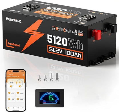 48V 100Ah Golf Cart Battery with Cylindrical Cell & Metal Casing, LiFePO4 Lithium Battery with Bluetooth APP & LCD Monitor, 15000+ Cycles, 200A BMS with Low-Temp Protection for Golf Carts