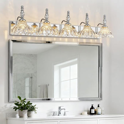Vintage Bathroom Vanity Light, 5-Light Chrome Vanity Lighting Fixture with Flower Glass Shade, Bathroom Lighting Fixtures Over Mirror