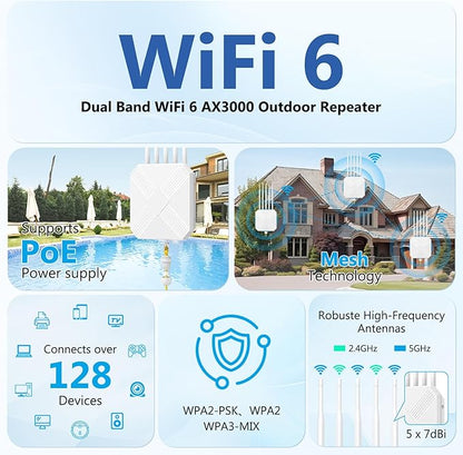 AX3000 Outdoor WiFi 6 Extender - Outdoor Access Point - Long-Range Dual Band WiFi, IP67/PoE/5 Antennas for Events, Commercial Use | Starlink-Compatible
