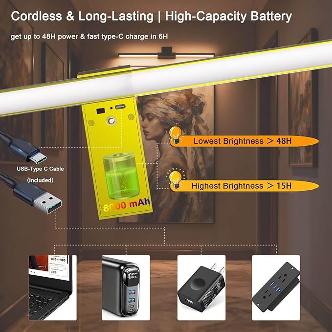 Picture Lights for Wall Battery Operated, Rechargeable Wireless Lights for Pictures on Wall with 3 Color Dimmable Remote for Painting Gallery Dartboard Poster Bedroom Frame Art Decor - Gold 16 inch