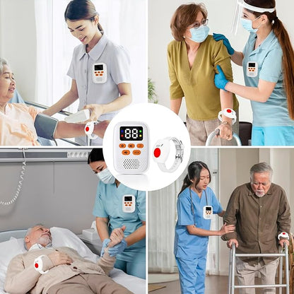 Wireless Caregiver Call Button Alarm, Portable Caregiver Pager for Seniors Patients 1 Bracelet Button & 1 Digital Display Receiver
