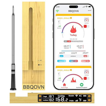 WiFi Sub-1G Wireless Meat Thermometer Unlimited Range, Check Temp Anywhere,7 NIST Certified Sensors with Ambient Temp, Monitor for BBQ, Grill, Oven, Smoker, Air Fryer (Black)