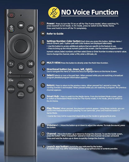 Replacement Remote Control for Samsung Smart TVs – Ready to Use, Universal Remote Compatible with Samsung Frame Curved QLED Crystal UHD TVs