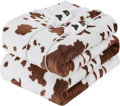 Cow Print Electric Heated Blanket Queen Size,84X90 Brown Heating Blanket Queen With Dual Control&Timer&10 Heat Levels,Highland Cow Decor Fleece Sherpa Blankets Warmer Gifts for Bed Women Adults
