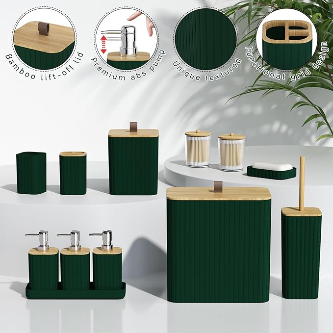 Bathroom Accessory Set - Dark Green Bathroom Set, 12PC Bathroom Accessories Set, Dark Green Bathroom Accessories Set, Mini Trash Can, Toilet Brush, Trash Can & Soap Dispenser
