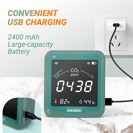 INKBIRD WiFi CO2 Detector Battery Powered | Smart CO2 Monitor NDIR Sensor and Data Logger | Carbon Dioxide & Temperature & Humidity Air Quality Monitor Indoor | for Home, Office, Grow Tent (INK-CO2W)