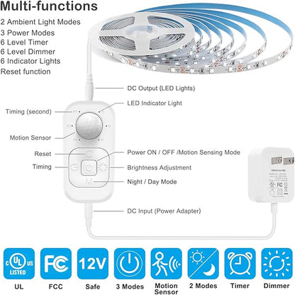 Motion Sensor Lights Indoor Plug-in LED Step Lights Strip with UL FCC Adapter Timer Dimmer Multi-Functional Controller for Stairway Kitchen Cabinet Bedroom Corridor Washroom Counter Shelf Showcase