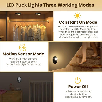 LightingWill Motion Sensor Puck Lights, Dimmable Under Cabinet Light, 3 Color Modes Closet Lights, Rechargeable Wireless Puck Lights for Kitchen, Closet, Stairs (6 Pack)