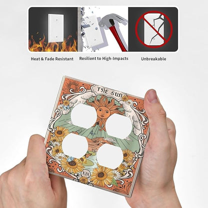 Boho Retro Sun Sunflower Vintage Flower Butterfly Outlet Covers 2 Gang Double Duplex Decorative Light Switch Covers Electrical Wallplates Socket Faceplate for Farmhouse Home Decor