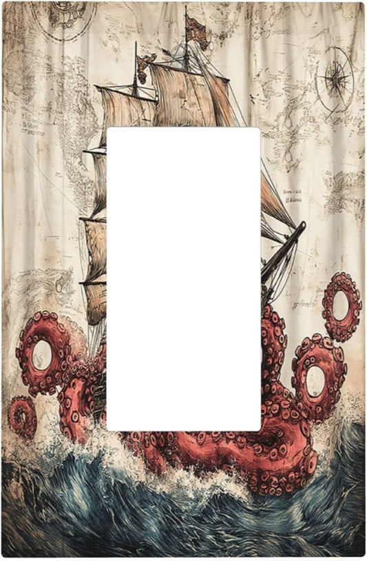 Decorative Outlet Covers Vintage Octopus Ocean Sailboat Bizarre Adventure 1 Gang Single Rocker Light Switch Cover Plate Wall Plates GFCI Faceplate for Bathroom Kids room Decor