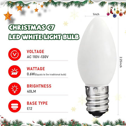 C7 LED White Replacement Bulbs,25 Pack 0.6w White Christmas Light Replacement Bulbs With E12 Base,Warm White Light Bulbs For Candelabra Window Candle Chandelier Night Lights Christmas String Lights