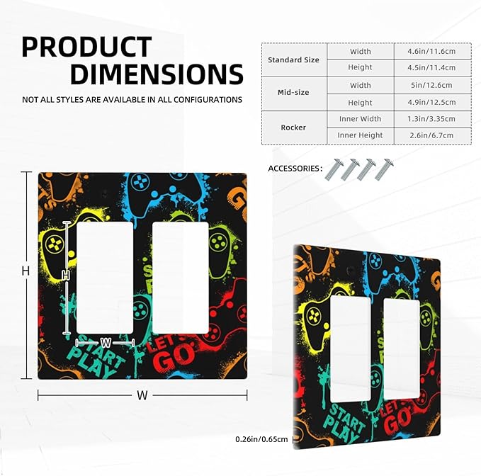 Decorative Outlet Covers Gamepad Theme Graffiti 2 Gang Light Switch Cover Plate Double Rocker Wall Plate Switch Plate Covers Faceplate for Game Room Bedroom Decor （2 Pack）