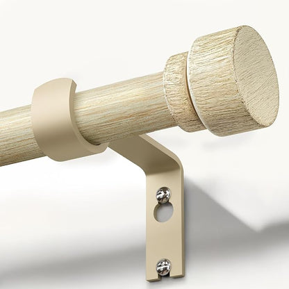 White Oak Wood Grain Curtain Rods for Windows 48 to 84 Inches 1" Diameter Boho Decorative Heavy Duty Window Curtain Rod Adjustable with Solid Finials for Living Room Bedroom Kitchen Farmhouse Outdoor