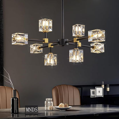 Black Sputnik Chandelier,Crystal Chandeliers with 8-Lights,Modern Semi Flush Mount Ceiling Light Fixture with Adjustable Height,Pendant Light Fixture for dining room,kitchen island,bedroom,living room