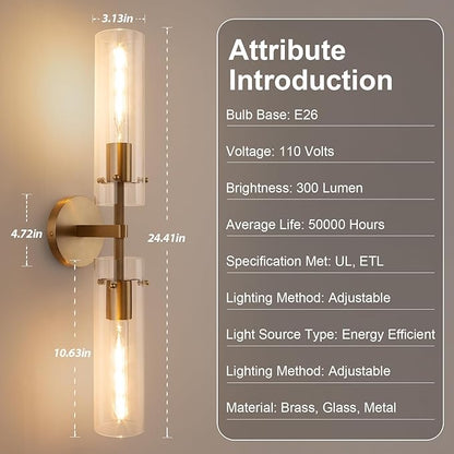Brass Gold 2-Light Knurled Wall Sconce, Dual-Head Vanity Lamp with Clear Glass Tube, Bathroom Wall Sconces, Wall Lights for Living Room Bedroom Hallway Kitchen Bathroom Mirror