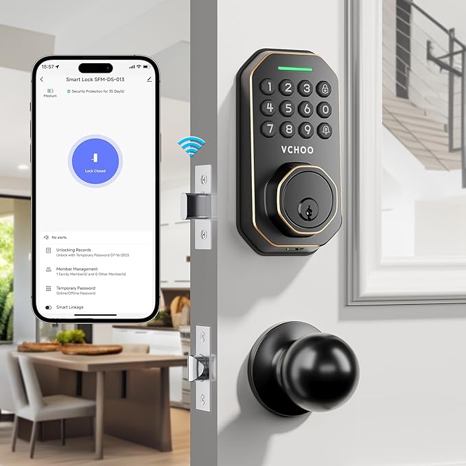 Keyless Entry Door Lock with 2 Knobs App Control Smart Locks for Front Door WiFi Door Lock Set Automatic Lock One Time Password Anti Peeping Password IP54, Bronze