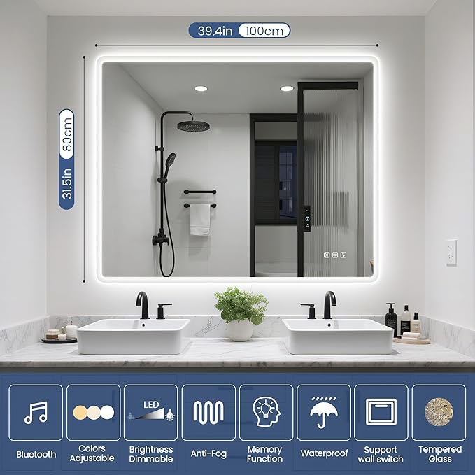 STARLEAD 40"x32" LED-Bathroom-Mirror-with-Lights, Wall-Mounted with Bluetooth Speaker, Anti-Fog, 3 Color Temperature, Dimmable Brightness, Waterproof, Tempered Glass, Frontlit & Backlit