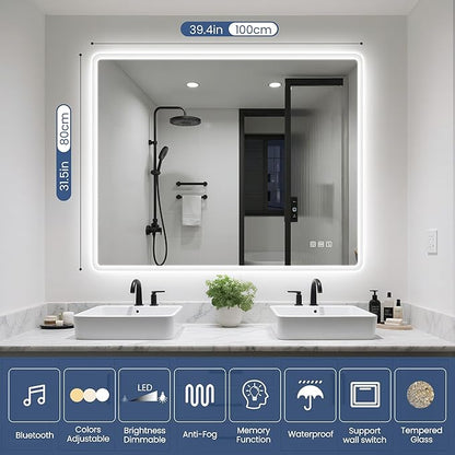 STARLEAD 40"x32" LED-Bathroom-Mirror-with-Lights, Wall-Mounted with Bluetooth Speaker, Anti-Fog, 3 Color Temperature, Dimmable Brightness, Waterproof, Tempered Glass, Frontlit & Backlit